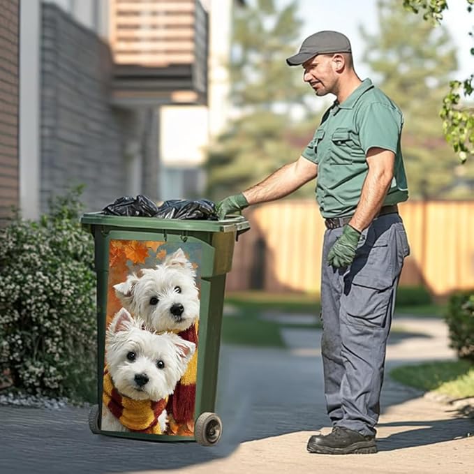2PC Trash Can Sticker 14.57 x 32.28 Inch White Dog Design Autumn Scarf Theme Decorative Garbage Bin Cover Outdoor Trash Can Decal Art for Home Yard Garden Seasonal Decoration