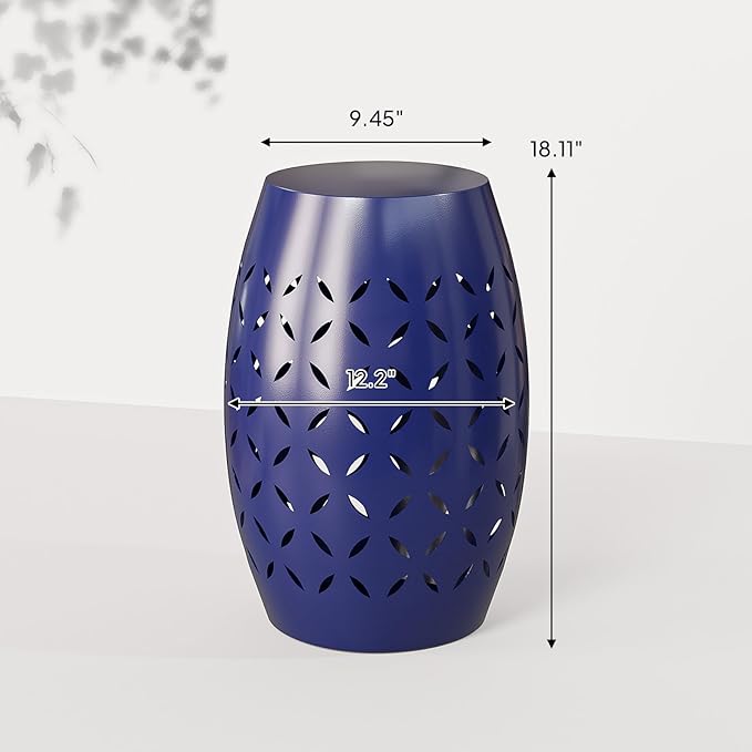 VINGLI Outdoor Iron Side Table, Patio End Table Anti-Rust Metal Round Drum Garden Stool Plant Stand Indoor Iron Accent Table for Patio Deck Porch Living Room (Navy Blue)