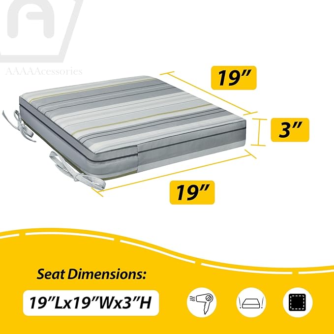 AAAAAcessories Outdoor Seat Cushions for Chairs, Waterproof, Fade-Resistant, 19" x 19" x 3", Patio Furniture Replacement Cushions, Set of 2, Ash Blue Harbor Stripe