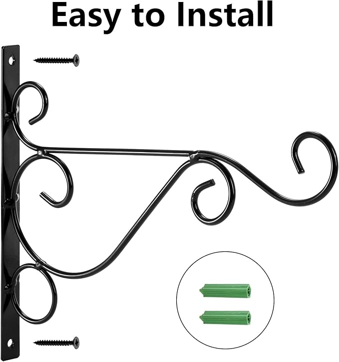 Fasmov 6 Pack Hanging Plant Brackets, 10" Sturdy Iron Wall Mount Flower Basket Hook Indoor Outdoor Bracket for Hanging Bird Feeders, Lanterns, Planters, Wind Chimes, Ornaments with Screws (Black)