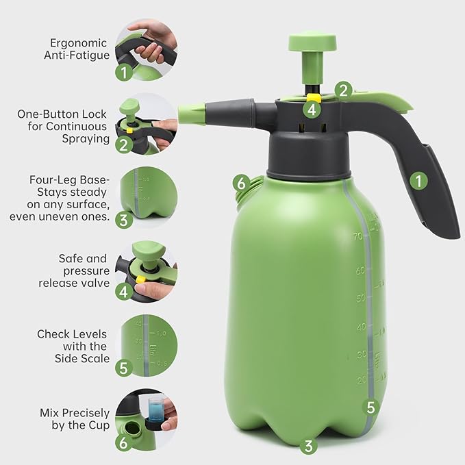 Garden Pump Sprayer, 1/2 Gallon Hand Pump Spray Bottle for Plants, Pressure Water Spray Bottle in Lawn and Garden Yard, Weed Chemical Sprayer with 2 Adjustable Nozzle & Safety Pressure Relief Valve