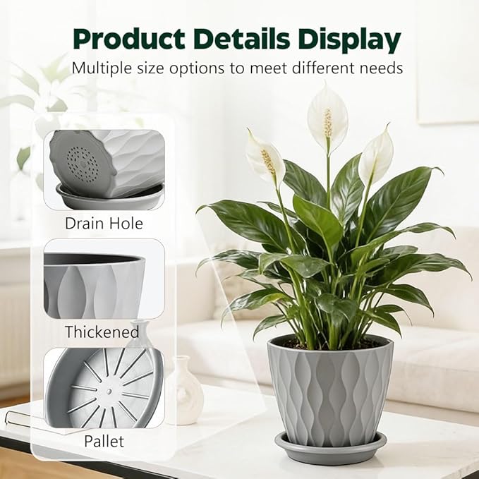 Plant Pots, Self Watering Planters with Drainage Holes and Trays, Flower Pots for Indoor Outdoor - 6 Pack(4/5/6/6.5/7/8 Inch) (Gray)