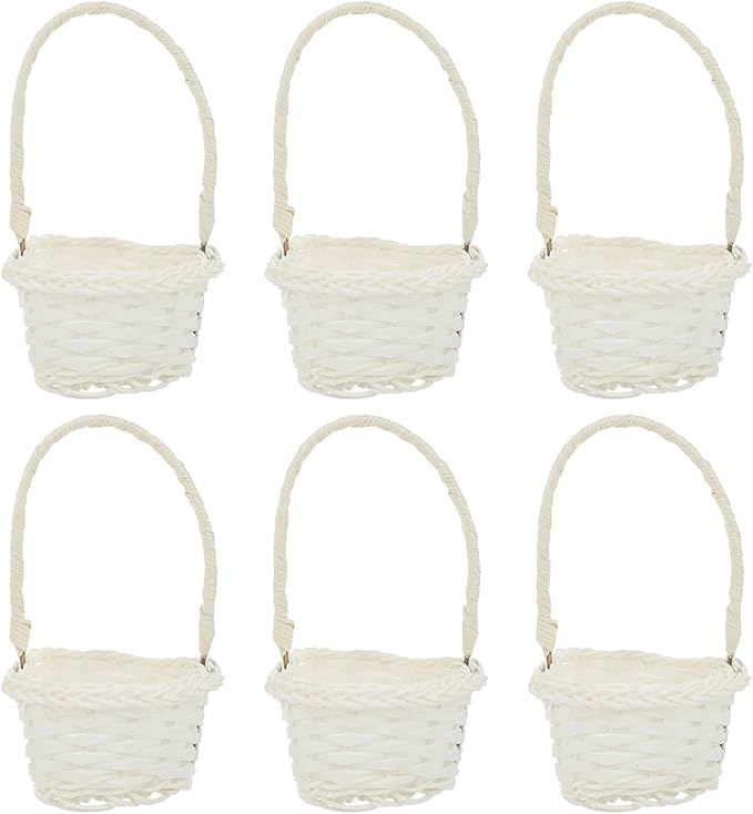 DOITOOL Flowers 6pcs Wicker Rattan Flower Basket with Handle- White Mini Flower Girl Basket- Small Woven Basket for Hanging Decoration, Storage, Wedding (Heart/ 3.54x3.34x5.89inch) Bulk Candy