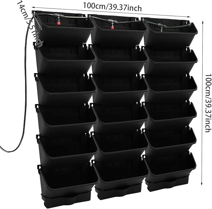 18 Pots Vertical Garden Wall Planter, Self-Watering Vertical Plant Wall Mounted Flower Pots with Timer & Drain Hose, Plant Vegetable Hanging Pocket Holder (Black)