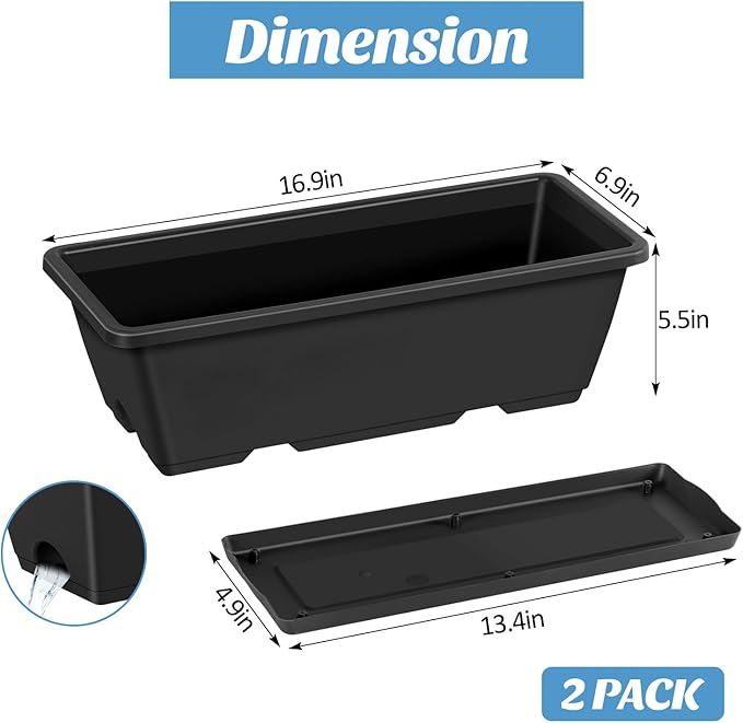 CADUKE Railing Planter Boxes 2 Pack 17 Inch Window Boxes Black Rectangle Railing Flower Box with Adjustable Bracket Window Deck Hanging Planters Boxes for Outdoor Patio
