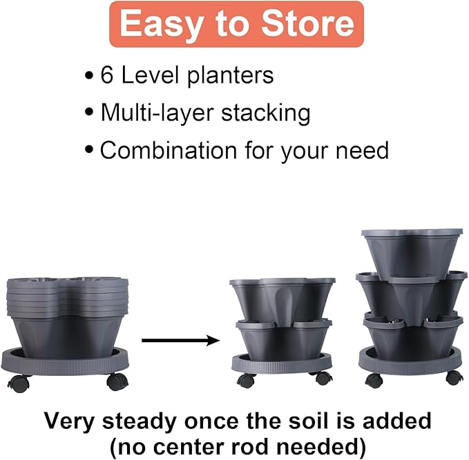 GameXcel Vertical Planter Tower- 6 Tier Stackable Garden Planter with Wheels and Tool Set – Grow Strawberries Herbs Flowers and Vegetables - Indoor Outdoor Use Dark Gray
