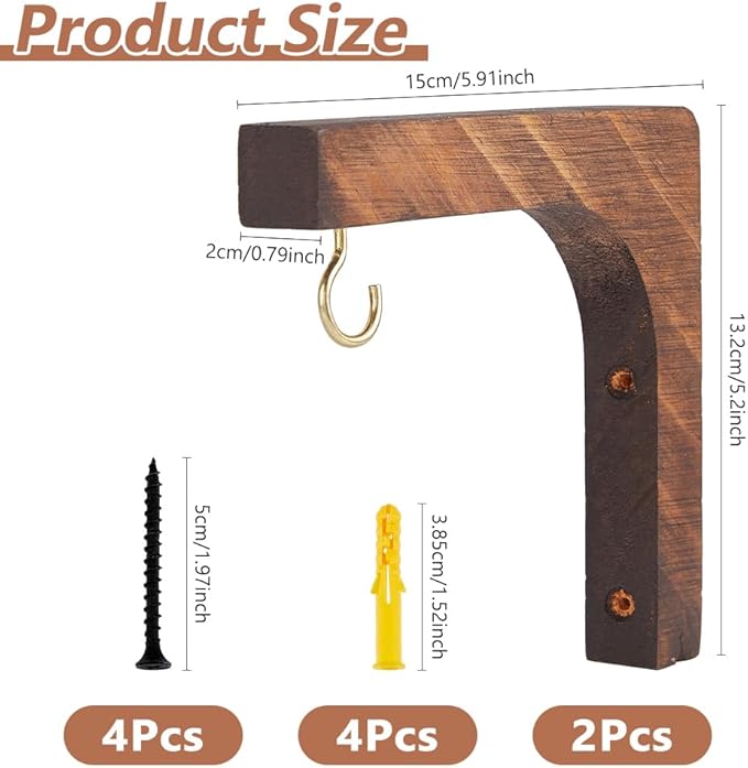 DICOSMETIC 2 Sets Wood Plant Hooks Wooden Plants Hanger 38.5x8.5mm Hanging Plant Holder L-Shaped Indoor and Outdoor Brackets Plants Hanger Wood Hook for Planters, Lanterns, Bird Feeders