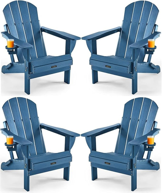 Ciokea Folding Adirondack Chair 4 Pack, Patio Adirondack Chair Weather Resistant, Plastic Fire Pit Chair with Cup Holder, Lawn Chair for Outdoor Porch Garden Backyard Deck (Royal Blue)