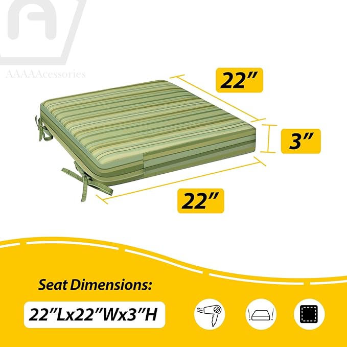 AAAAAcessories Outdoor Seat Cushions for Chairs, Waterproof, Fade-Resistant, 22" x 22" x 3", Patio Furniture Replacement Cushions, Set of 2, Mossy Forest Stripe