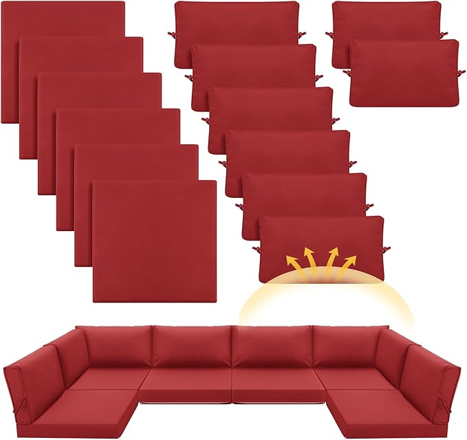 Patelai 14 Piece Outdoor Furniture Replacement Cushions Fits 6 Seat Patio Sectional Cushions Set Waterproof Couch Replacement Sofa Liner Cover for Porch Garden Balcony(Red)