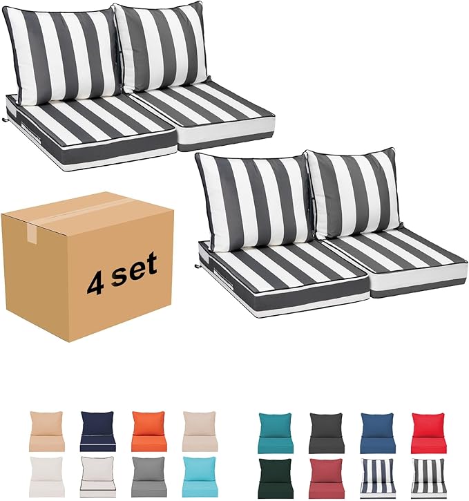 Outdoor Chair Cushions 4 Set,24 x 24 x 5IN, Patio Deep Seat Cushion for Patio Furniture, Waterproof & Fade Resistant Thick Deep Seating Pads for Outside Wicker Ratten Chair,Gray Black Striped