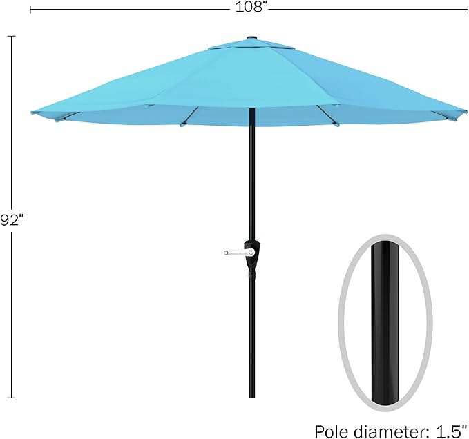 Pure Garden Patio Umbrella with Vented Canopy - 9 Ft Easy Crank Outdoor Umbrella for Shade - For Deck, Balcony, Porch, Backyard, or Pool (Light Blue)
