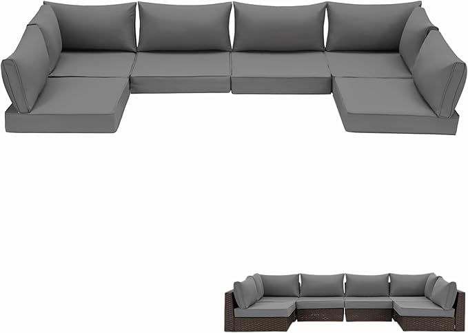 HOMREST Replacement Cushions for Outdoor Furniture, 25x25 Inch 14-Piece Patio Furniture Cushions, Waterproof Fade Resistant Non-Slip Cushion Set for 6-Seat Rattan Wicker Conversation Sets, Dark Gray
