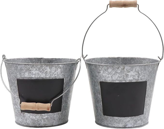 Hosley Set of 2 Metal Pail with Chalkboard and Plastic Liner 7" Dia x 6" H. Ideal Gift for Floral Arrangements Wedding House Warming Floral Planter DIY Craft Home Office Party Garden Patio