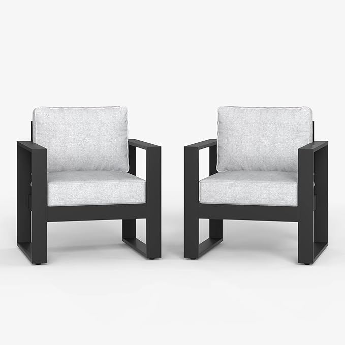 LayinSun Outdoor Patio Aluminum Chair, Metal Modern Armchair Set of 2 with Washable Thick Cushions