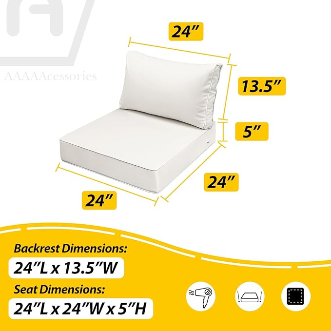 AAAAAcessories Outdoor Seat Cushions for Chairs, Fade-Resistant, Waterproof Patio Furniture Replacement Cushions, 24" x 24" x 5" + 24" x 13.5", Set of 4, Creamy White