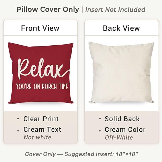PANDICORN Decorative Throw Pillow Covers 18x18 Inch Relax Porch Time Crimson Red Outdoor Farmhouse Holiday Christmas Patio Decorations Decorative Cushion Case for Front Porch Couch Bench Decor