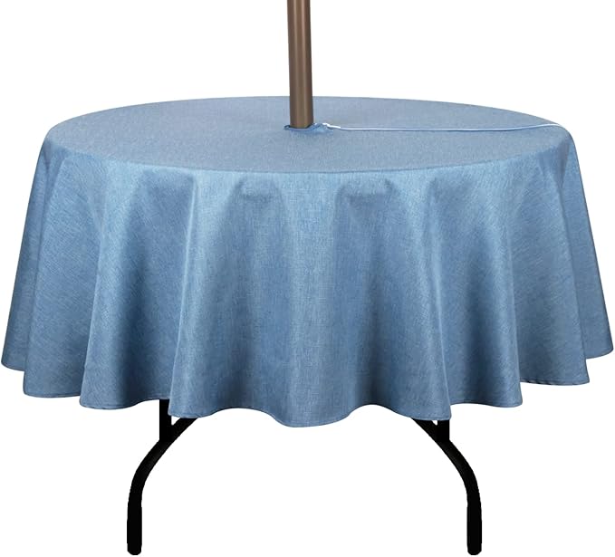 Outdoor Tablecloth Wrinkle-Free Stain Resistant Waterproof Polyester Fabric Table Cover with Zipper Umbrella Hole for Picnic/Party/Dinner/Patio Garden(60inch Round,Zippered,Water Blue)