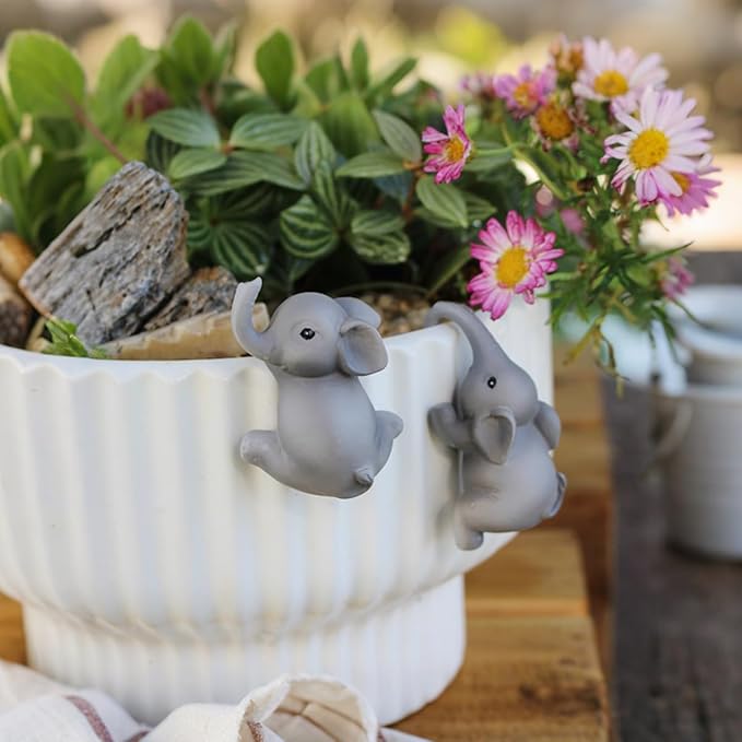 Set of 2 Climbing Elephant Figure Plant Pot Hanger, Turtle Flower Pot Hugger, Resin Tortoise Statue, Funny Pot Huggers for Planters, Cute Flower Pot Hugger, Garden Fence Balcony Patio Yard (ELEPHANT)