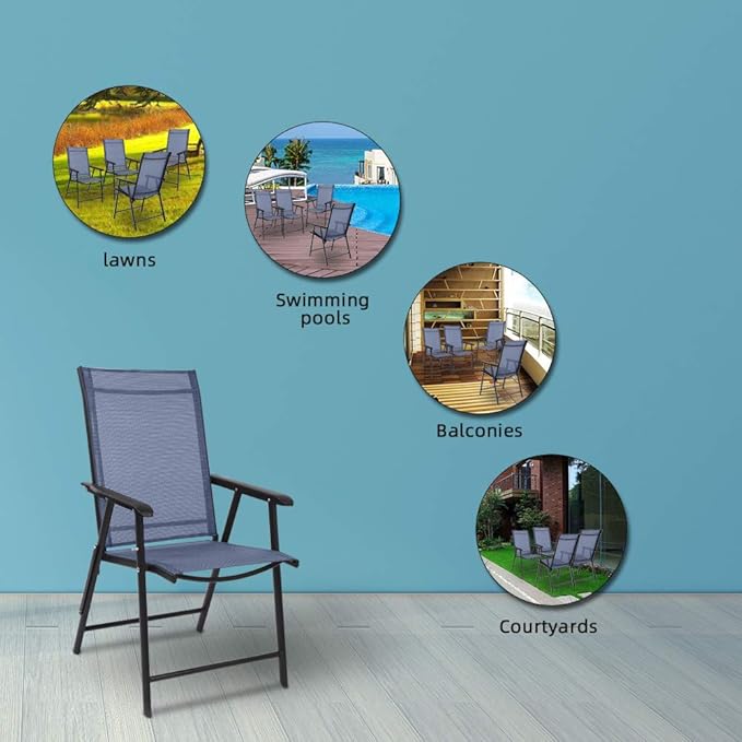 VINGLI Upgraded Version Set of 2 Folding Chairs with Arms, Portable Patio Chairs for Outdoor & Indoor, Sling Back Chairs for Lawn, Pool, Courtyard, Balcony & Garden (Blue)