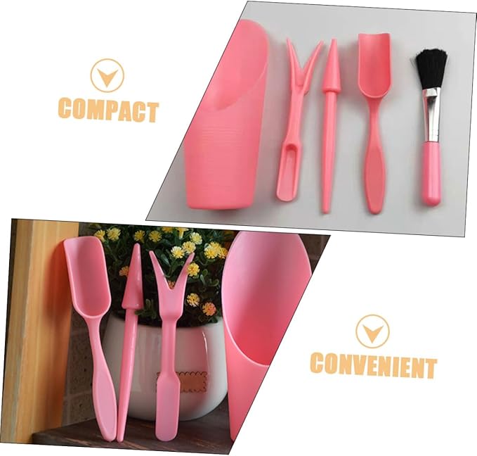 Succulent Planting Tool Set with Pink Bucket, Small Soil Scoop, Transplanter and Cleaning Brush for Indoor Gardening and Succulent Care, Sturdy Gardening Accessories for Planting