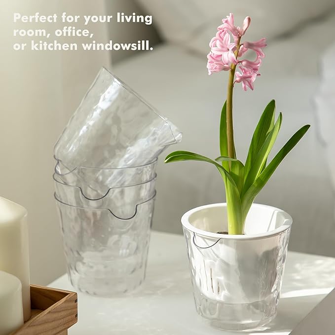 8.5 Inch Self Watering Plant Pots for Indoor Plants 4 Packs African Violet Pot, Self Watering Planters for Herb, Orchid, Devil's Ivy, Flower Houseplant Planters, Clear Plant Pots, White