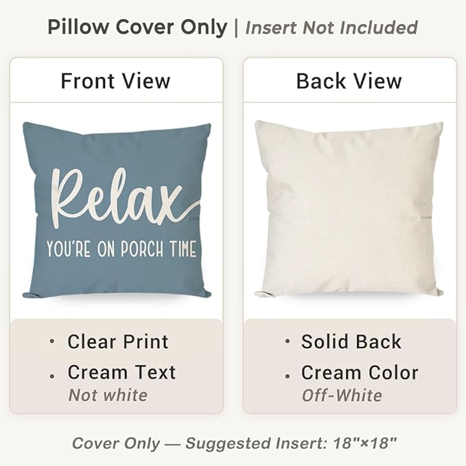 PANDICORN Decorative Throw Pillow Covers 18x18 Inch Relax Porch Time Dusty Blue Outdoor Rustic Farmhouse Decorative Throw Pillow Cases Decorations for Patio Sofa Couch Decor