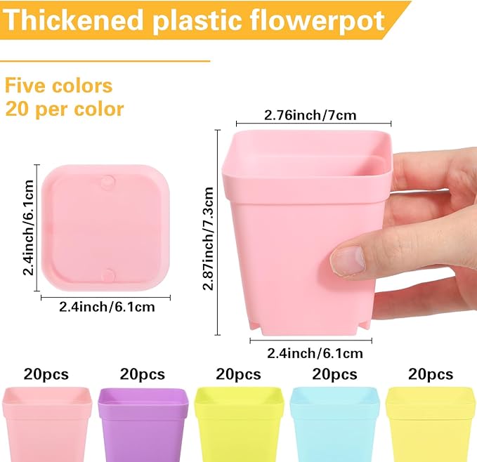 Tioncy 100 Pcs 3 Inch Mini Plant Pots with Tray, Colorful Plastic Plant Pots Flower Seedling Pots Nursery Pots with Saucers for Garden, Indoor Outdoor, Home, Office, Balcony Decor