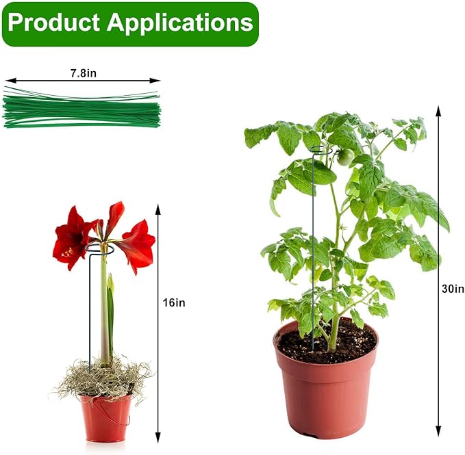 4 Pack Plant Support Stakes, 16/32 Inch Garden Stakes for Plants, Plant Accessories with 50 PCS Twist Ties for Indoor Outdoor Potted Tomato Vegetables Amaryllis Monstera Rose Peony Marigold