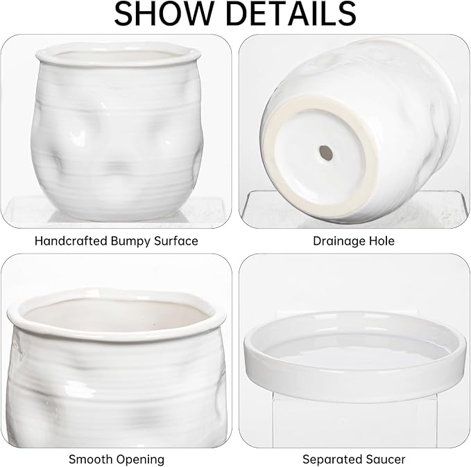 Oairse 5.7 inch Ceramic Pots for Plants, Plant Pot with Drainage Hole and Saucer White Ceramic Indoor Planter with Tray Decorative Flower Pots for Succulent, Cactus, Snake Plant, Herb Indoor Outdoor