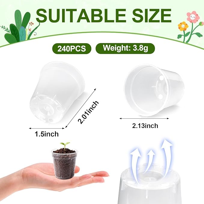 240 Pcs Clear Mini Nursery Pots for Plants, 2 Inch Plastic Seedling Clear Plant Pots with Drainage Holes, Seed Starting Trays for Various Seeds Indoor & Outdoor Flower Planters
