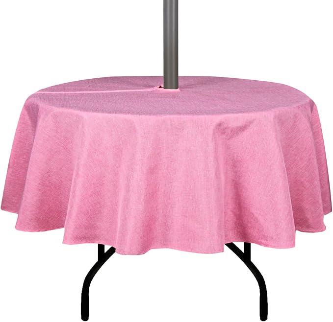 Outdoor Tablecloth Wrinkle-Free Stain Resistant Waterproof Polyester Fabric Table Cover with Zipper Umbrella Hole for Picnic/Party/Dinner/Patio Garden(70inch Round,Zippered,Pink)