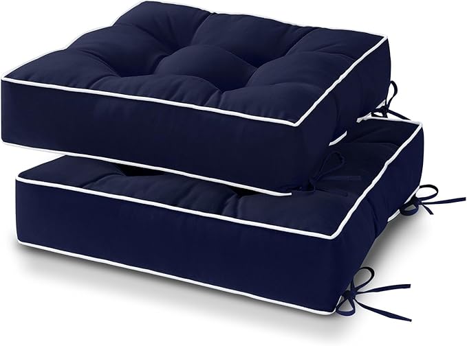 HARBOREST Outdoor Chair Cushions Set of 2, Tufted Patio Chair Cushions with Ties, Square Corner Outdoor Cushions for Patio Furniture, Lawn Chairs, Wicker Chairs, 17" x 17" x 5", Navy