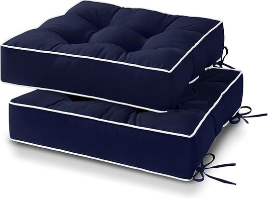 HARBOREST Outdoor Chair Cushions Set of 2, Tufted Patio Chair Cushions with Ties, Square Corner Outdoor Cushions for Patio Furniture, Lawn Chairs, Wicker Chairs, 17" x 17" x 5", Navy
