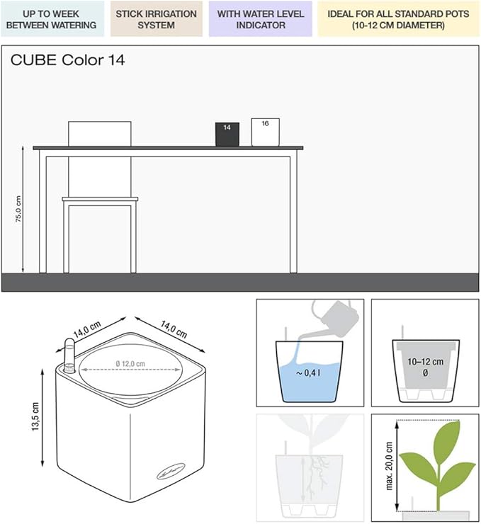 Lechuza 13384 Cube Color 14 Self-Watering Planter for Indoor and Outdoor Use, 6" x 6" x5", Slate