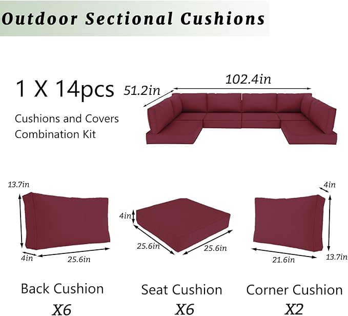 Outdoor Sectional Cushions Replacement Set, 26x26in Patio Furniture Cushions, 14 Pieces Waterproof Outdoor Couch Cushion for 6 Seat Wicker Conversation (Burgundy)