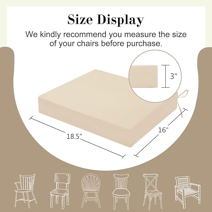 Cozyide Outdoor Chair Cushions, Waterproof Patio Seat Cushions with Adjustable Straps, Square Corner Patio Chair Cushions for Garden, Beige, 18.5x16x3 Inch (Pack of 4)