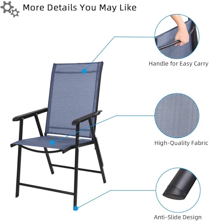 VINGLI Upgraded Version Set of 2 Folding Chairs with Arms, Portable Patio Chairs for Outdoor & Indoor, Sling Back Chairs for Lawn, Pool, Courtyard, Balcony & Garden (Blue)