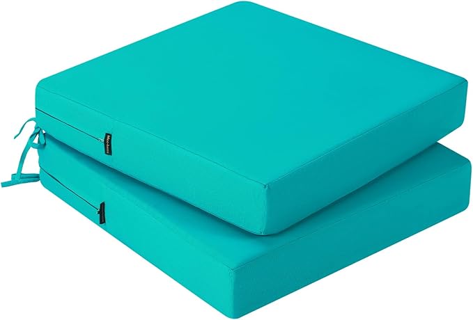 idee-home Outdoor Chair Cushions Set of 2, Waterproof Outdoor Seat Cushions for Patio Furniture, Outside Replacement Chair Pad with Ties for Lawn Deck Porch, 19 x 19 Peacock Blue