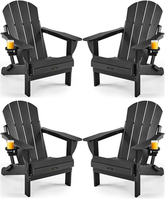 Ciokea Folding Adirondack Chair 4 Pack, Patio Adirondack Chair Weather Resistant, Plastic Fire Pit Chair with Cup Holder, Lawn Chair for Outdoor Porch Garden Backyard Deck (Black)
