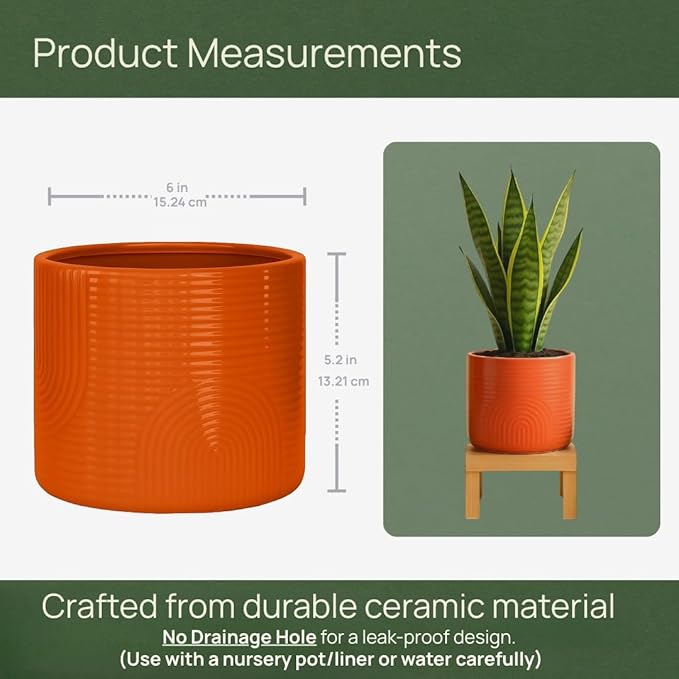 6 Inch Ceramic Plant Pot – Decorative Indoor Planter (No Drainage Hole) for Succulents, Herbs & Houseplants – Modern Tabletop Desk Planter – Terracotta