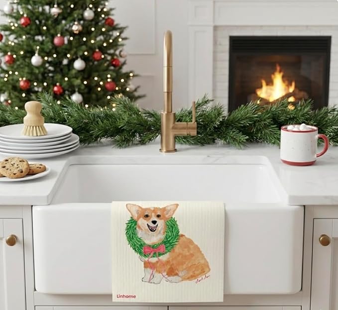 Christmas Holiday Swedish Dishcloth, Cats and Dogs Collection, Reusable Paper Towel, Super Absorbent Cellulose Sponge, Washable Kitchen Cleaning Cloth (Festive Corgi - 1 Pack)