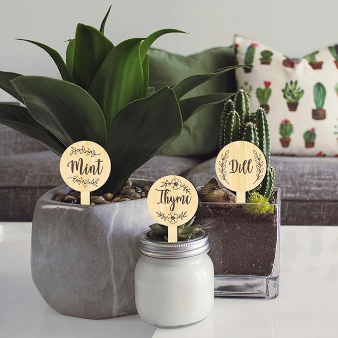 arricraft 15 Pcs Herb Plant Labels, Wooden Markers Round Shape Tags Garden Labels with Printed Leaf Decoration Wood Garden Stakes for Indoor and Outdoor Potted Seed Herbs and Herb Unique Funny Gifts