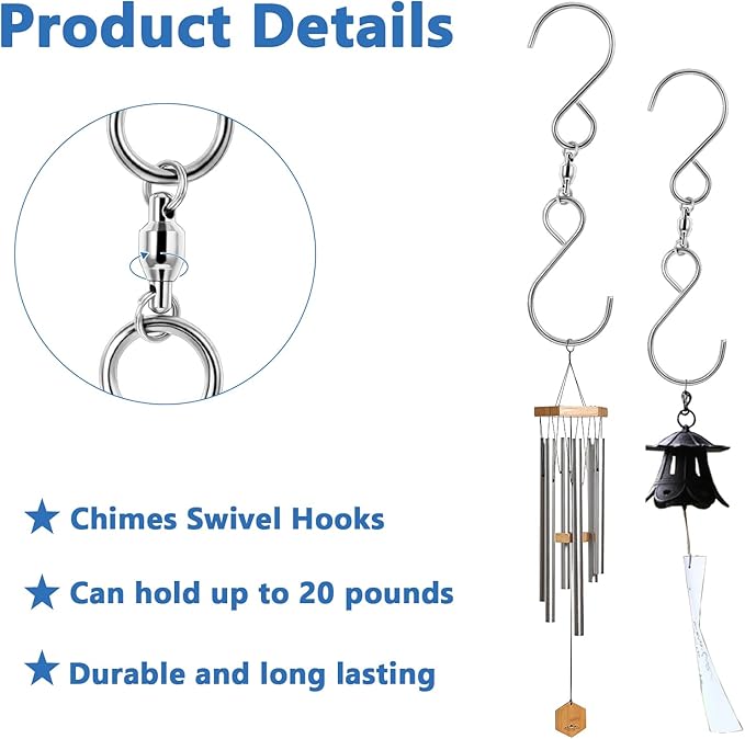 6 Pack Swivel Hooks Clips 360 Degree Dual Swivel S Hanging Chain Hooks Windsock Clip for Hanging Bird Feeders Houses Planters Indoor Outdoor Organization Hanger Wind Chimes Party