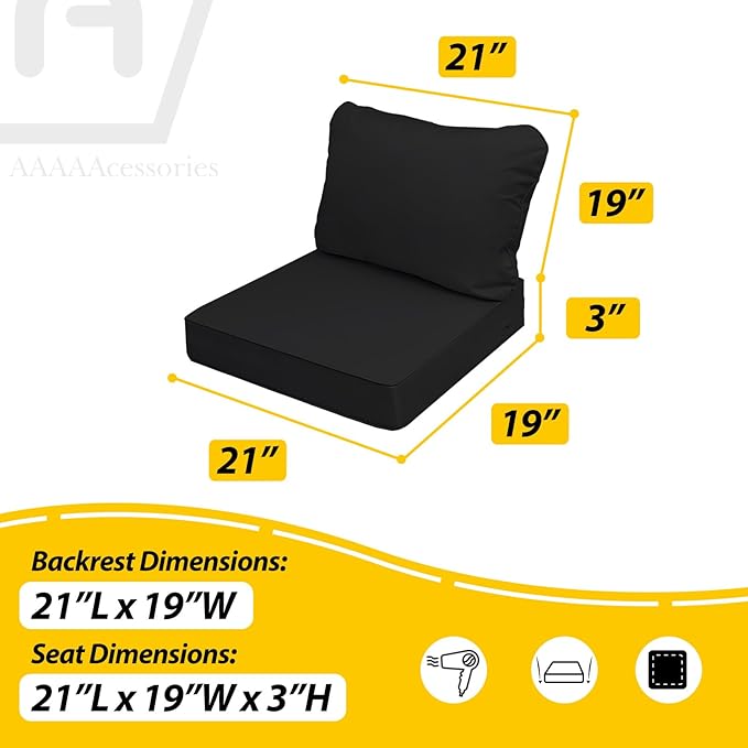 AAAAAcessories Outdoor Seat Cushions for Chairs, Fade-Resistant, Waterproof Patio Furniture Replacement Cushions, 21" x 19" x 3" + 21" x 19", Set of 2, Charcoal Black