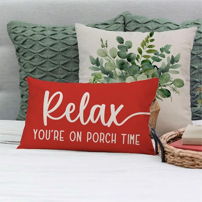 PANDICORN Decorative Throw Pillow Covers 12x20 Inch Relax Porch Time Red Outdoor Farmhouse Christmas Porch Decorations Lumbar Decorative Throw Pillows Cases for Front Porch Patio Couch Bench Decor