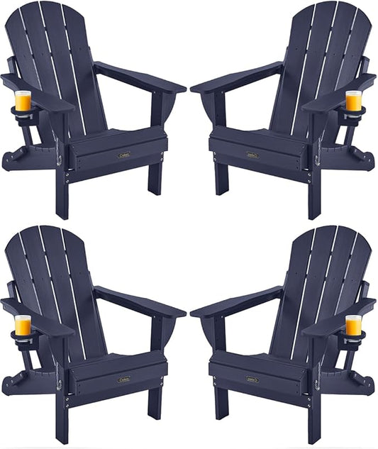 Ciokea Folding Adirondack Chairs Set of 4, Patio Adirondack Chair Weather Resistant, Plastic Fire Pit Chair with Cup Holder, Lawn Chair for Outdoor Porch Garden Backyard Deck, Dark Navy Blue