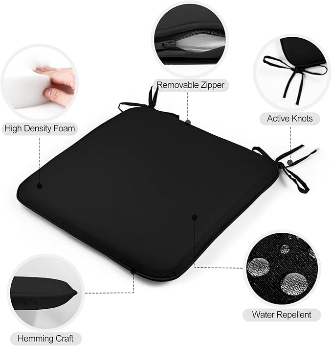GUEGLSA Outdoor Indoor Waterproof Seat Cushions,16x16 Inches Patio Chair Cushion with Ties,Machine Washable Seat Pad for Home Garden Kitchen Dining Office Chair, Set of 2, Black