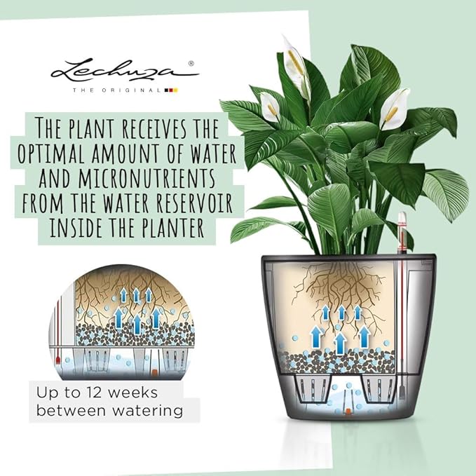 Lechuza Self Watering Plant Pot Classico 21 LS Garden Flower Indoor Outdoor Small Table Plastic Planter with Drainage Hole D21 H20 cm White High-Gloss