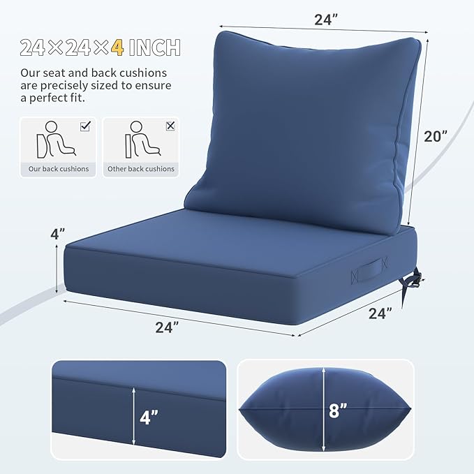 UDPATIO Outdoor Cushions for Patio Furniture, 24 x 24 Outdoor Deep Seat Cushions with Waterproof Fade Resistant, Adjustable Snaps, Removable Cover and Handle, Navy